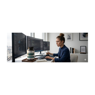 Person working at a desk with multiple monitors and a bottle of CVL Nutrition on a tray.