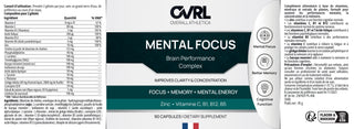 CVRL Mental Focus supplement packaging with text and labels on a white background