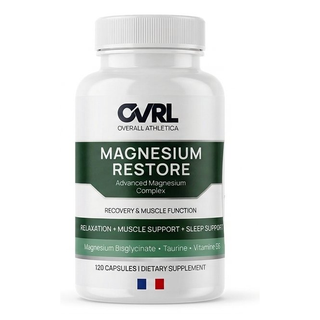 Supplement bottle labeled 'Magnesium Restore' by Overall Athletics on a white background