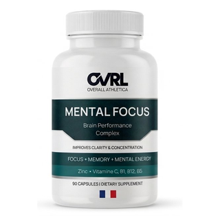 Supplement bottle labeled 'Mental Focus' by Overall Athletics on a white background